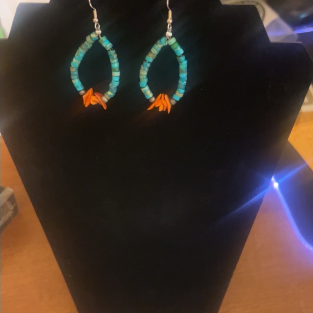 Turquoise and Coral Beaded Earrings